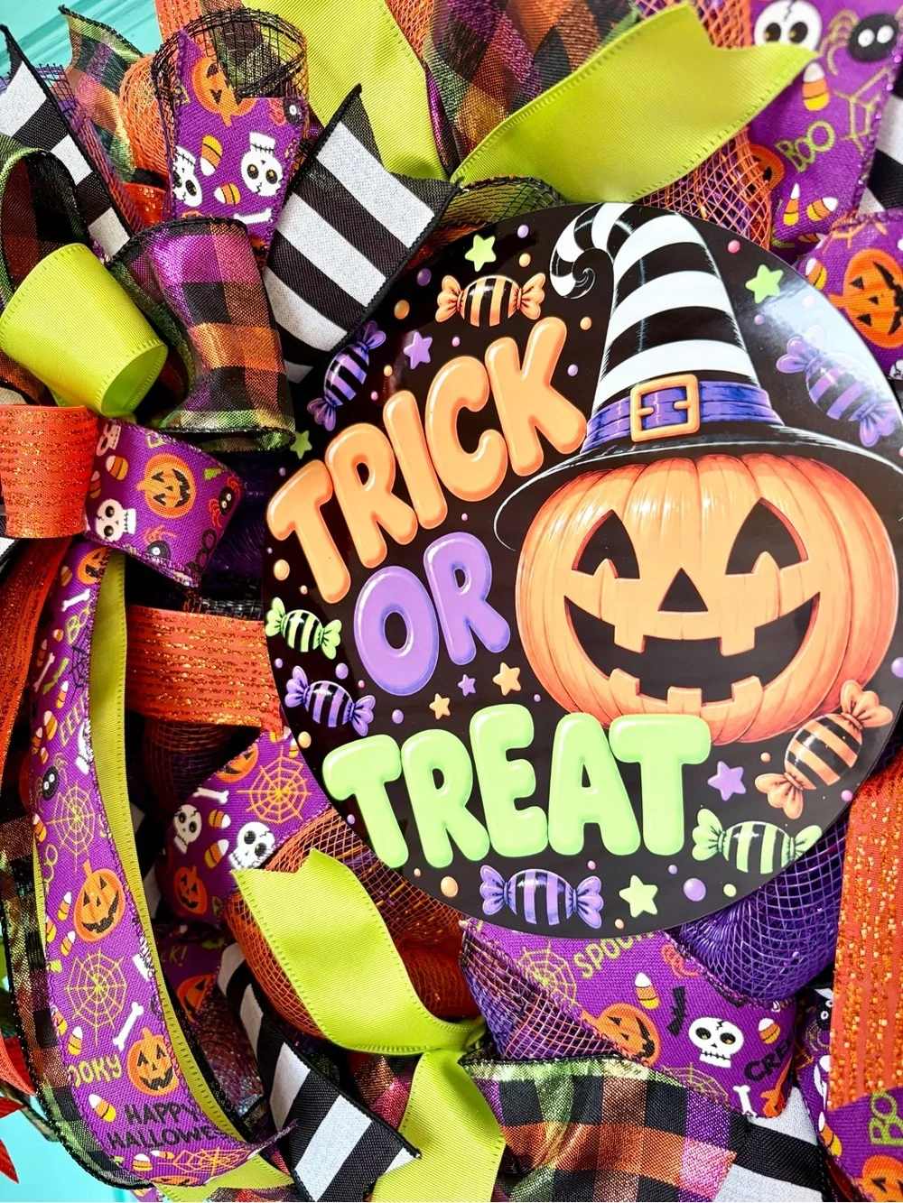 Halloween 'Trick or Treat' Decorative Wreath – Orange, Purple, Black, Lime